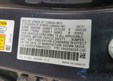 2022 Honda Civic Sport z USA, uszkodzony, nr VIN 2HGFE2F58NH522230